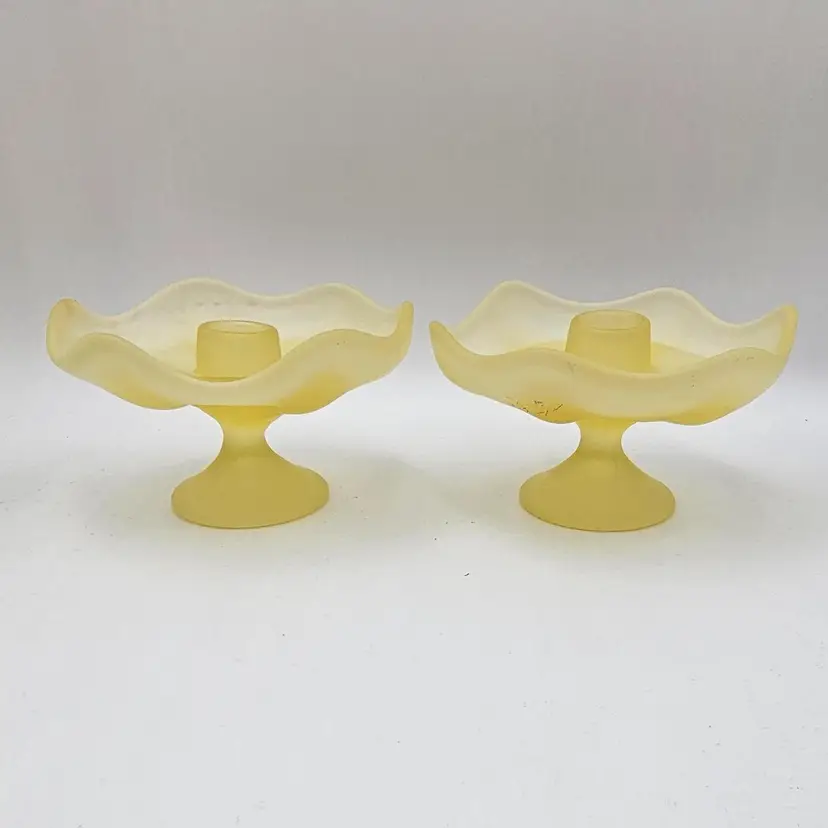 #22 Set Of 2 Vintage Viking Glass Epic Line Satin Yellow Pedestal Candlestick Holders