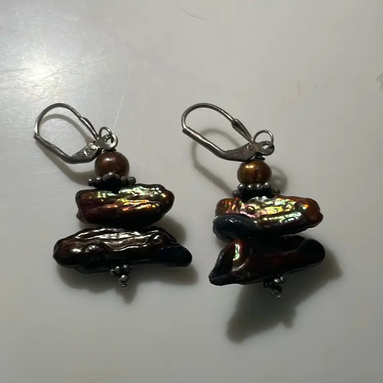 925 Silver Freshwater BIWA Peacock Pearl Cluster Dangle Earrings