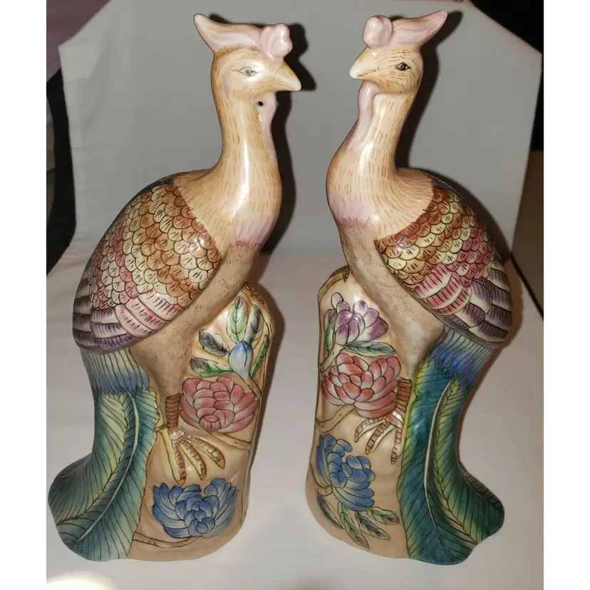 Two (2) Tall Phoenix Pottery Figurines Statues Tan and Soft Colors