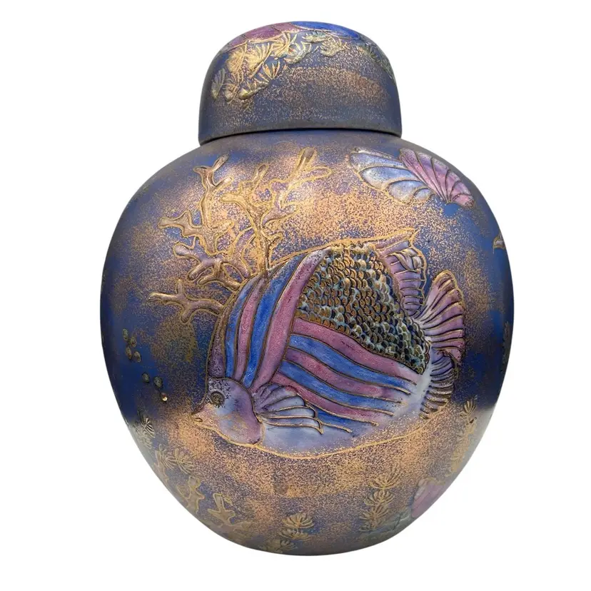 Vintage Ginger Jar/Vase, Blue w/colored enamel, bronze, Angel Fish, Coral, Japan