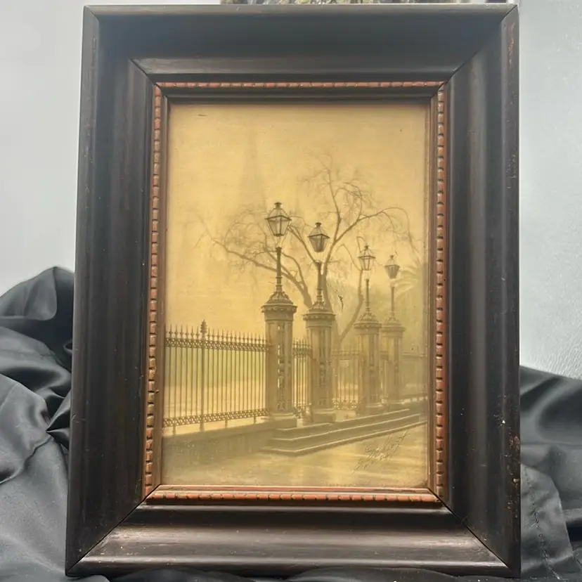 Eugene Delacroix "A Foggy Morning in the Place d'Armes," mid 20th c., hand tinted Signed Photograph Framed 9.5” x 7.25”