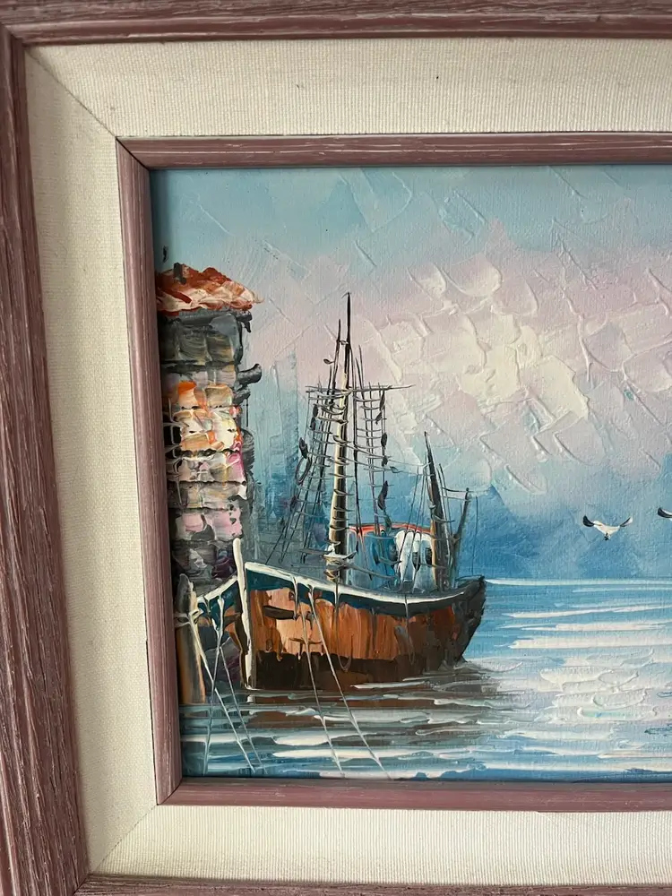 Vintage Framed Oil Painting Harbor Scene Sailboats Artist Signed