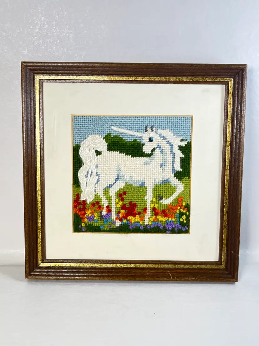 Vintage Framed Unicorn Needlepoint Picture