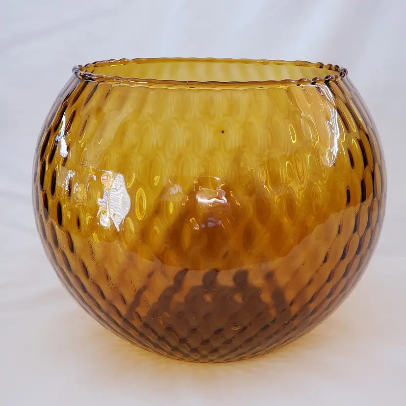 Art Glass Fish Bowl Vase Diamond Optic Amber 8" diameter approximately unbranded