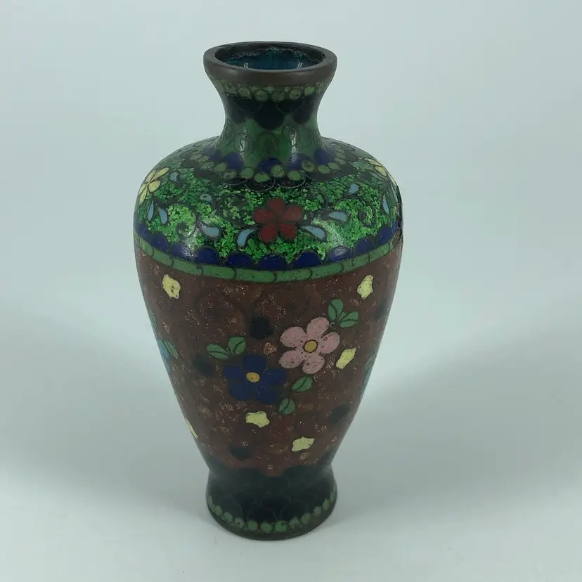 Antique Chinese Cloisonne & Brass Small Floral Vase
