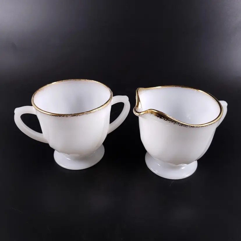 Vintage Fire King Golden Shell Swirl Creamer & Open Sugar Set