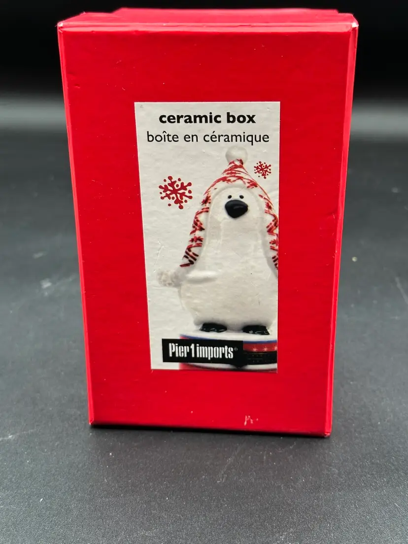 Pier 1 Imports White Penguin with Hat Trinket Box Hinged Snowflake Inside in Box