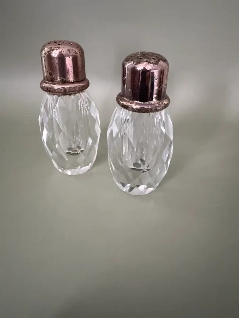 Post House Hand Cut Lead Crystal Salt Pepper Shakers Set 1970s