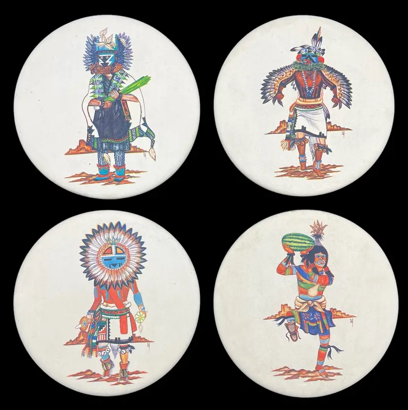 Set of 4 Stoneware Coasters Native American Kachina Indigenous Pueblo 4.25β