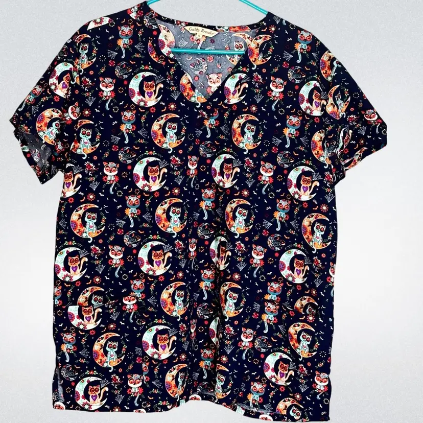 Cat & Moon Day Of The Dead Scrub Top Sz XL