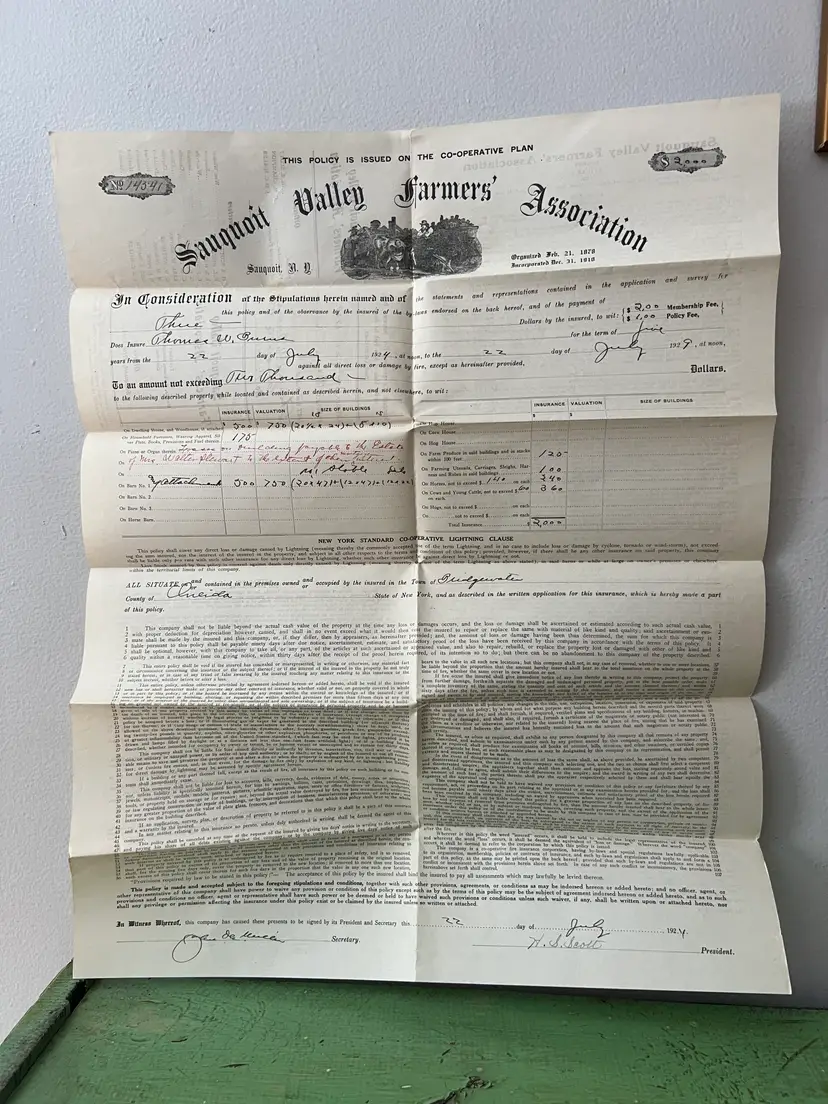Antique Farm Insurance Document. HUGE, Sauquoit Valley Farmers Association Papers. c1929. Vintage Ephemera.