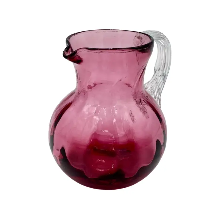 Vintage Pilgrim Cranberry Glass Small Pitcher, Optic Swirl, Applied Handle