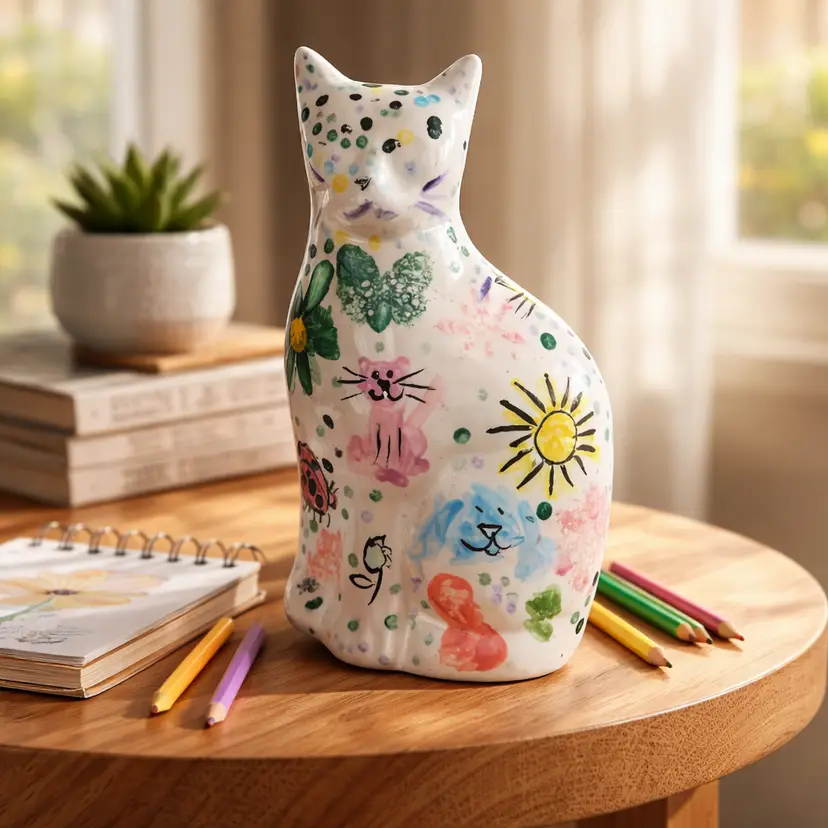 Whimsical Hand Painted Ceramic Cat Figurine, 9.5" Tall