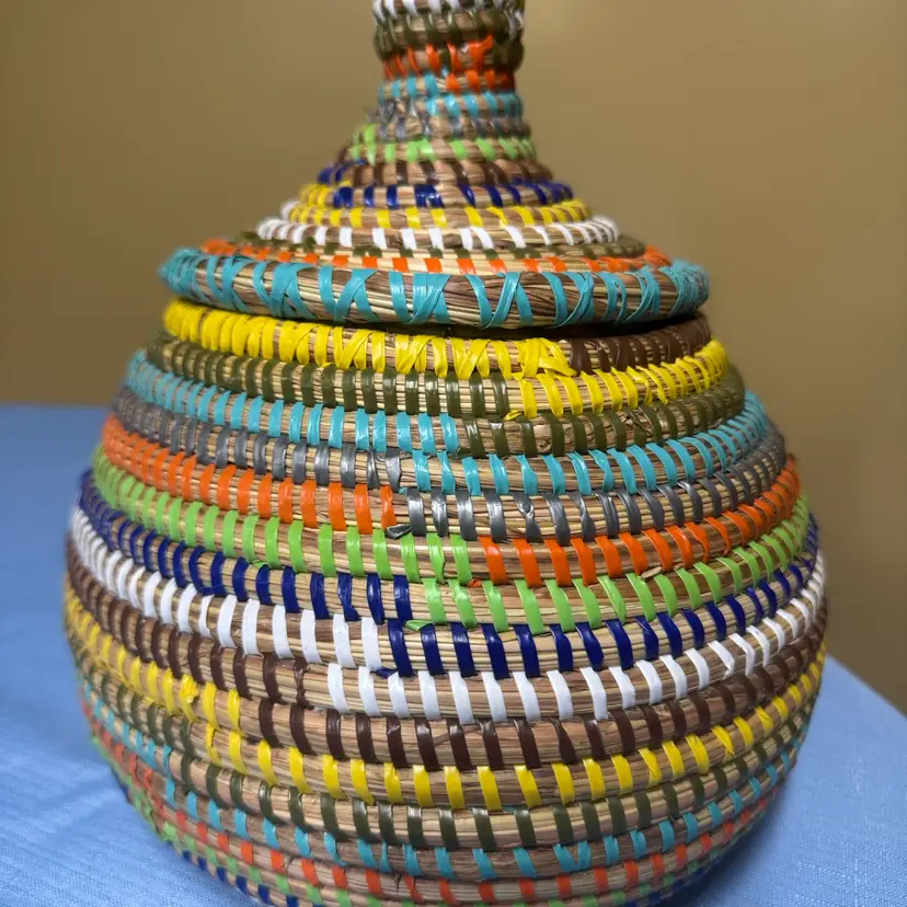 SWEET GRASS LIDDED BASKET WITH RECYCLED WOVEN ACCENT - MIXED COLORS 10” tall
