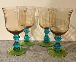 Set of 4 Anthropologie Tri-Colored Goblets Handblown Glass  # 3054