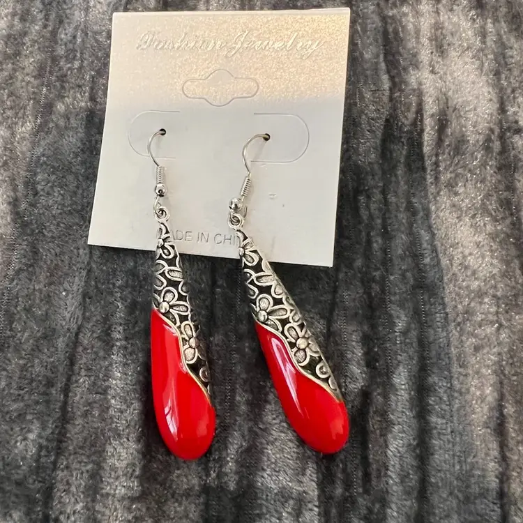 Red and Silver Teardrop Earrings