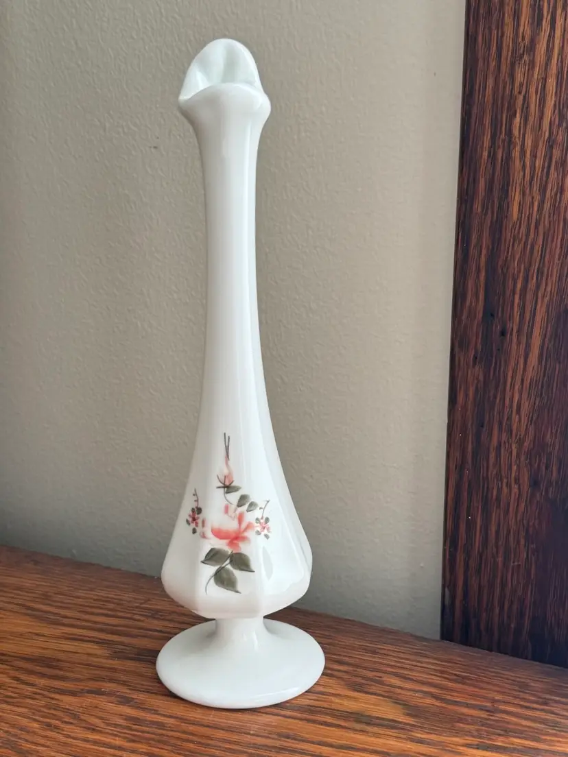 Vintage Fenton Milk Glass Swung Vase Hand Painted And Signed