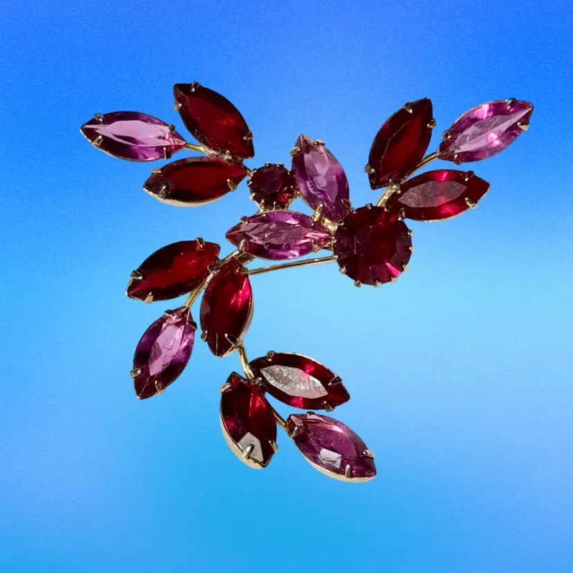 Vintage Stunner Rhinestone Pink Red Navette Floral Spray Goldtone Brooch **UV Reactive**