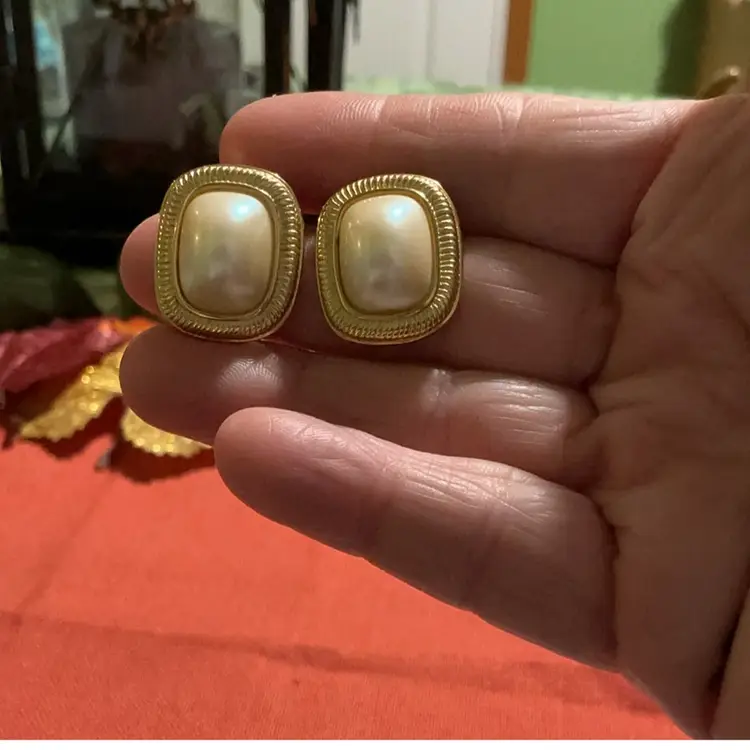 Vintage Goldtone Richelieu Faux Pearl Square Cabochon Clip Earrings.