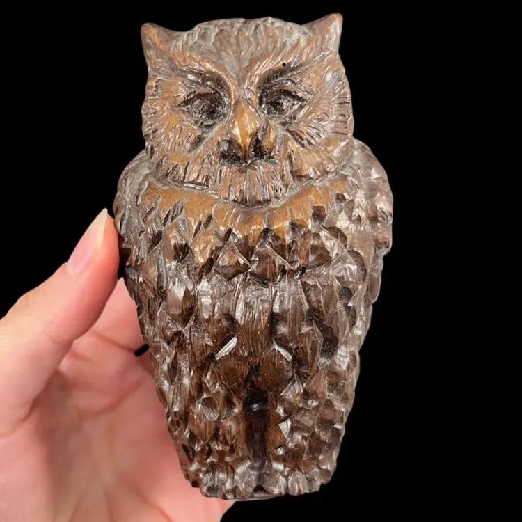 Cas-Carved Wood And Coal Reproductions Owl Figurine, Carved Owl Figurine, Carved Great Horn Owl Figurine