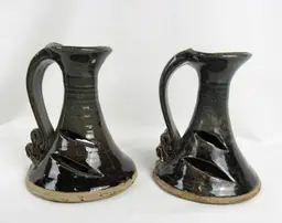 Asian Glazed Art Pottery Candlestick Holders Black/Gray/Brown Cut Out Signed 5"