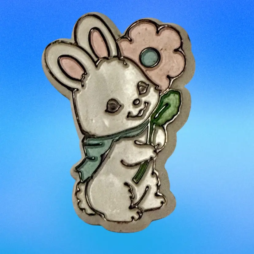 Vintage Signed Hallmark Cards Bunny with Pink Flower Acrylic Easter Pin (1979)
