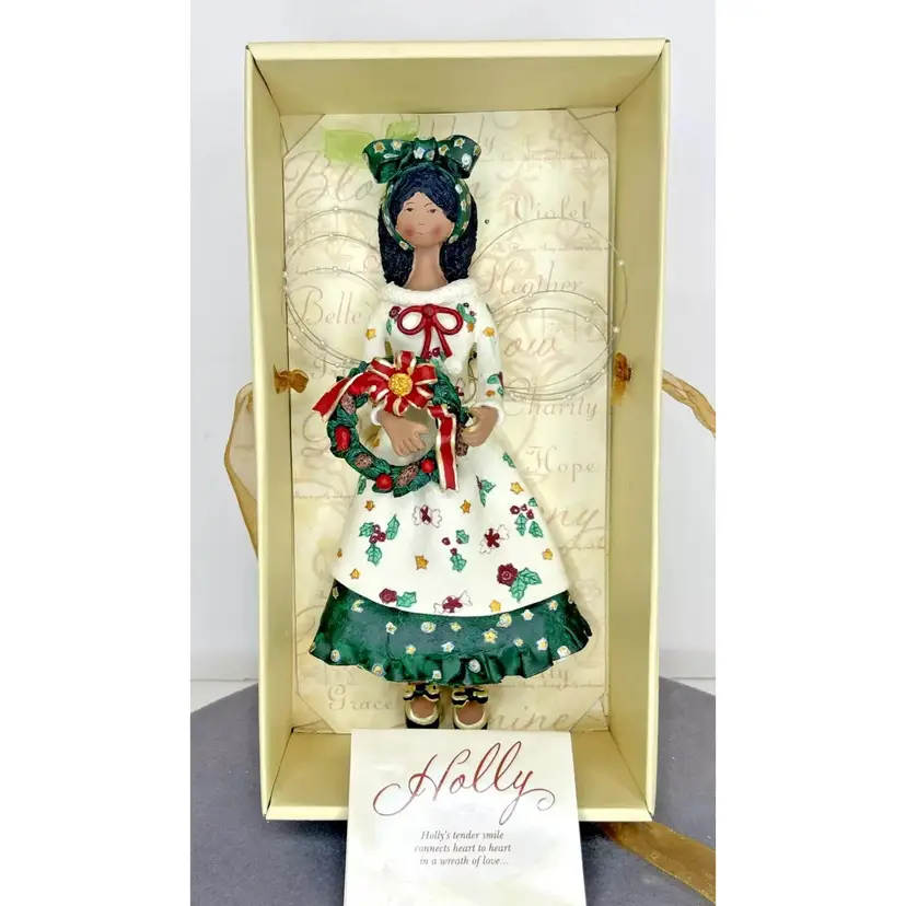 Vintage Christmas Handcrafted Paper Clay Art Flat Back African American Doll Wall Hanging ~Holly