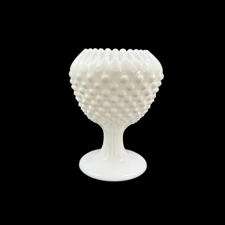 Fenton Milk Glass Hobnail IVY BALL 3757 Rose Bowl Pedestal Crimped Vintage MCM