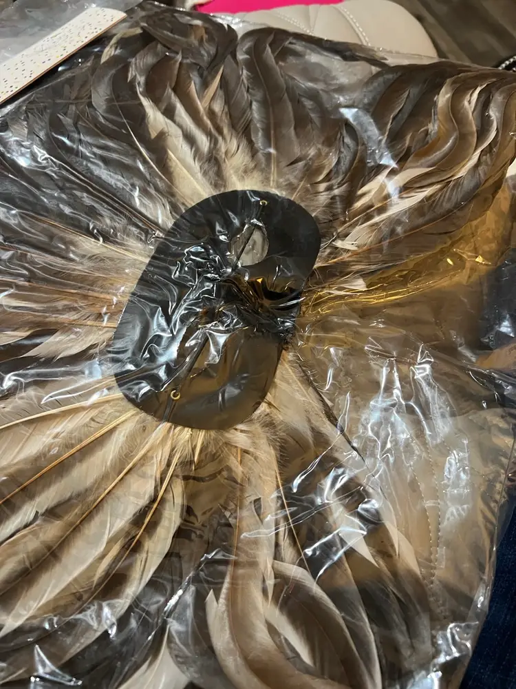 Mardi Gras Brand New In Package, 24” Wide Natural Color Feather And Gold Sequins Accent Mask, New Orleans Fat Tuesday Party