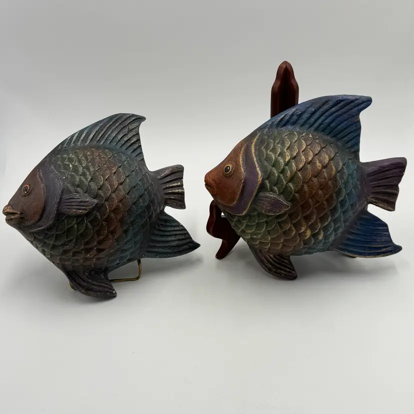 Vintage Ceramic Tropical Fish Sculptures Coastal Decor Set Of Two Angelfish