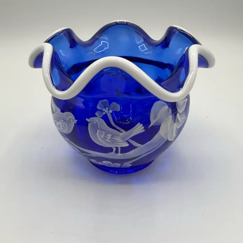 Fenton Snow Crest Cobalt Glass Round Bubble Ruffle Vase Signed By Nancy Fenton Hand Painted By D. Robinson