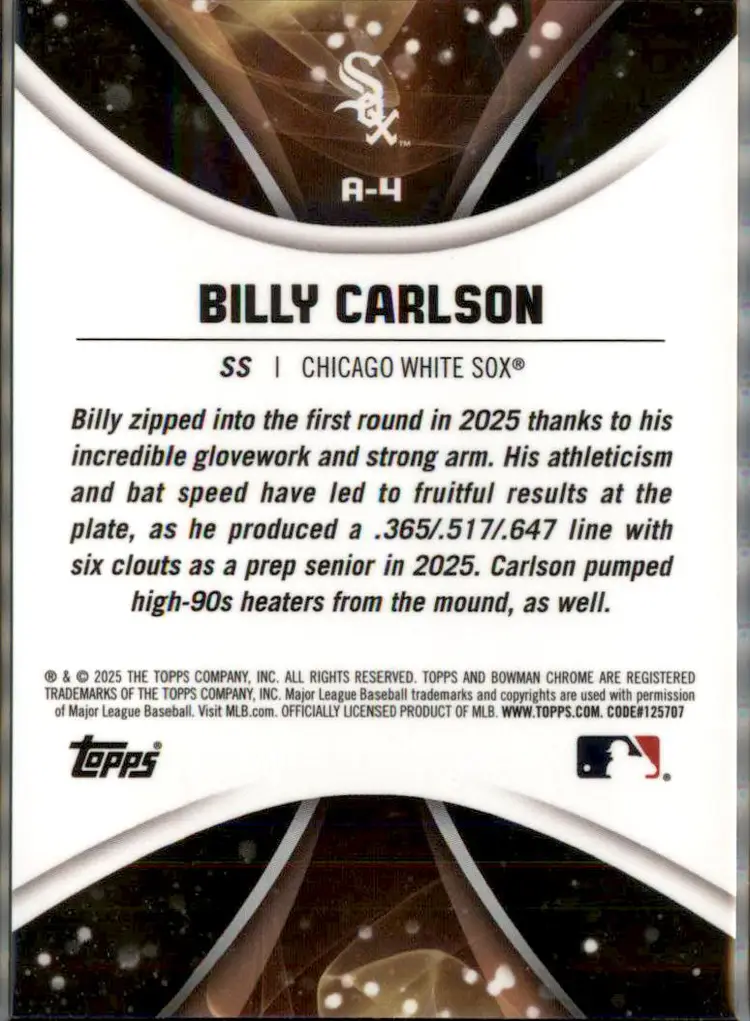 2025 Bowman Draft #A-4 Billy Carlson Axis - (138) - Chicago White Sox