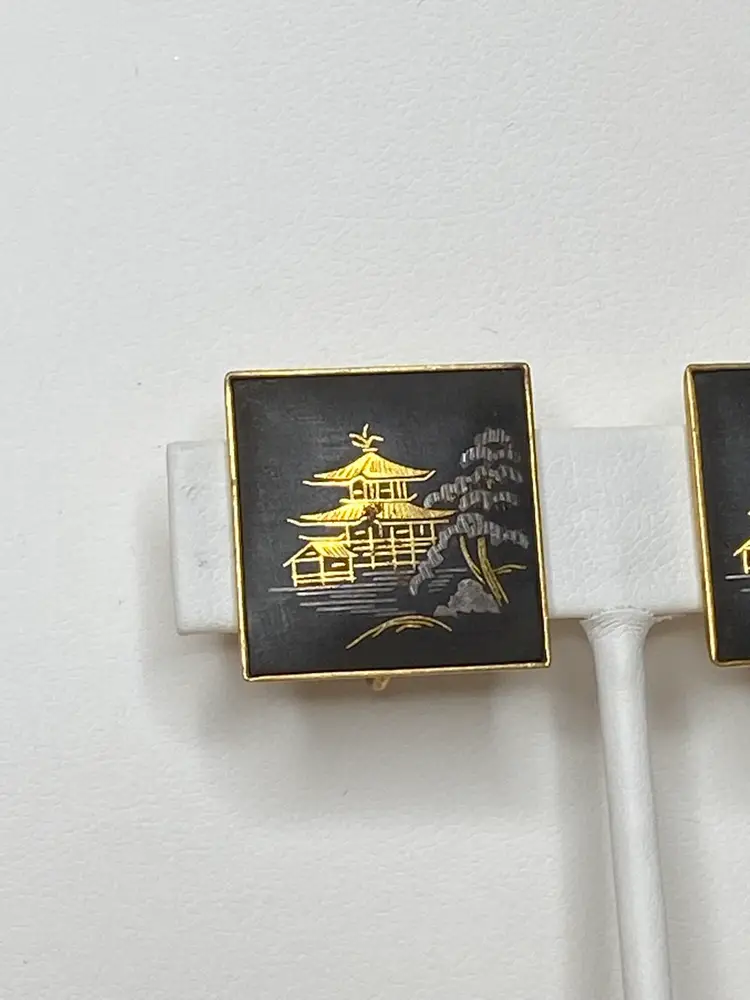 Damascene Gold Black Screw Back Earrings Signed Amita Japan