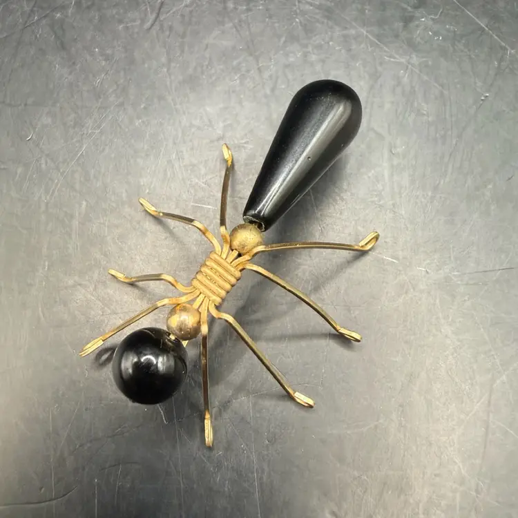 Gold Plated Wire & Black Glass Bead Vintage Spider Insect Brooch 1.75”