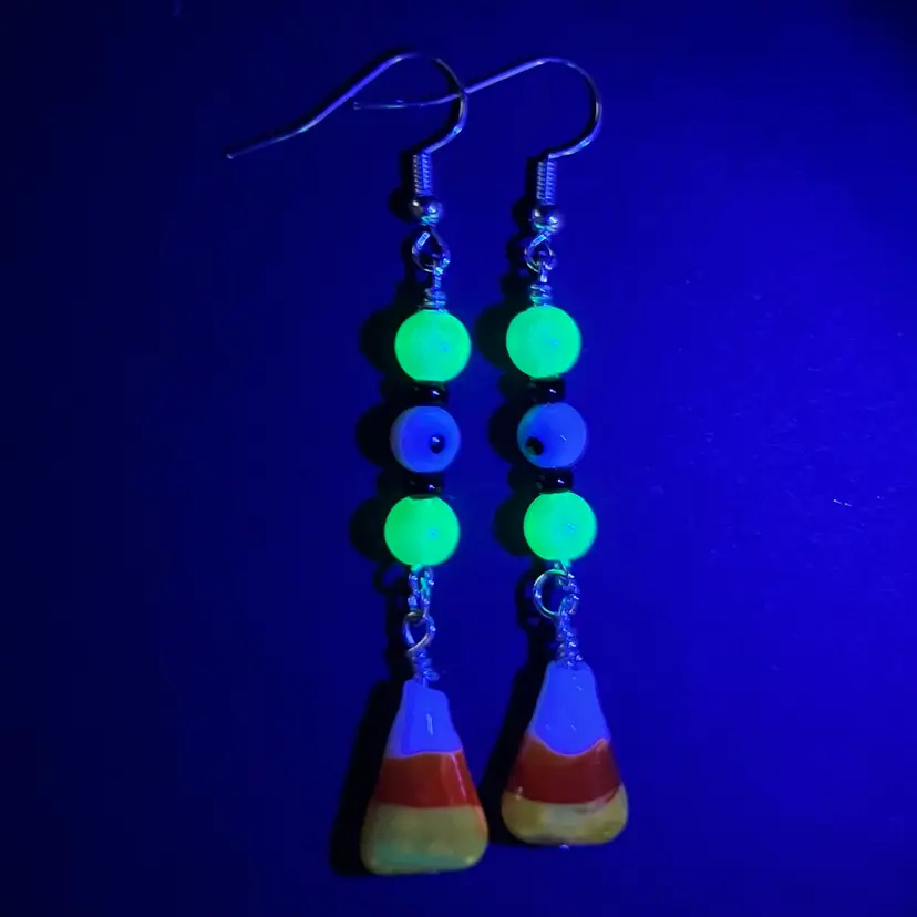 Handmade By Me- Halloween Candy Corn Glass Bead Dangle Earrings, Nickel Free