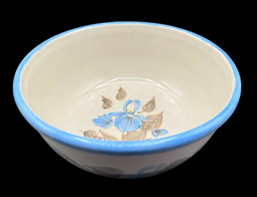 Signed Bodner Bodmer Studio Art Pottery Bowl White Blue Iris Flower Floral 7.25”