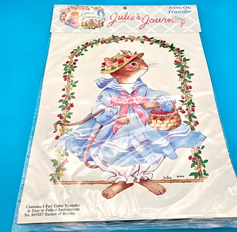 Julie's Journey Full Color Iron on Transfer  Mouse Holding a Basket. 13" Vintage 1991