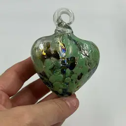 Vintage Hand Blown Green Iridescent Splatter Ornament 2.85”