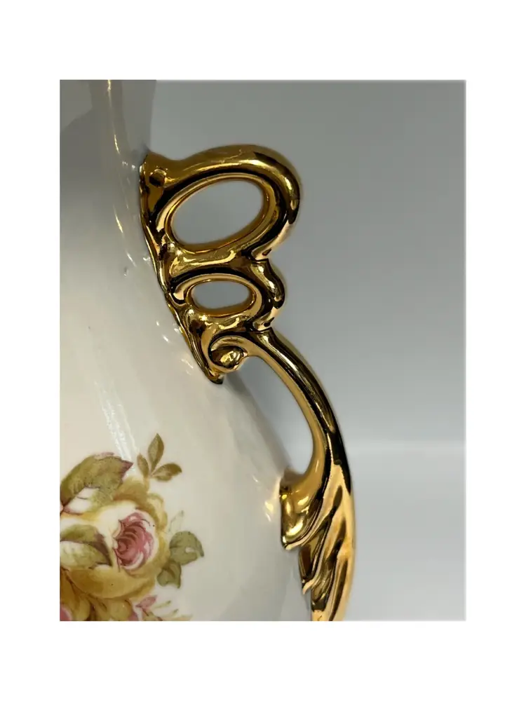 Vintage Abingdon- USA -Floral Vase – Ivory & Gold – Beautiful Double Handle – 9”