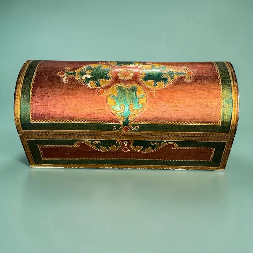 Vintage Italian Florentine Jewelry Box Red Gold Gilt Wood Chest Green Lined 11.5