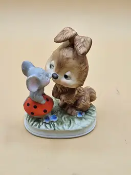 Napco Bunny & Mouse on Mushroom Kissing 4" Figurine