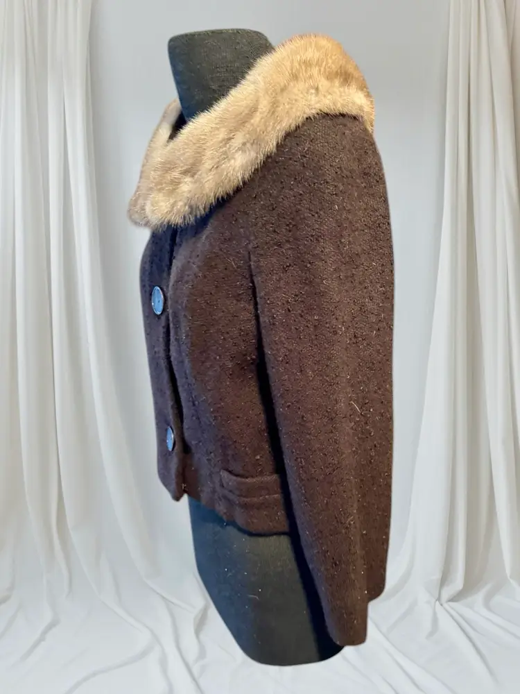 Vintage Brown Knotty Wool Jacket Coat With Mink Trim