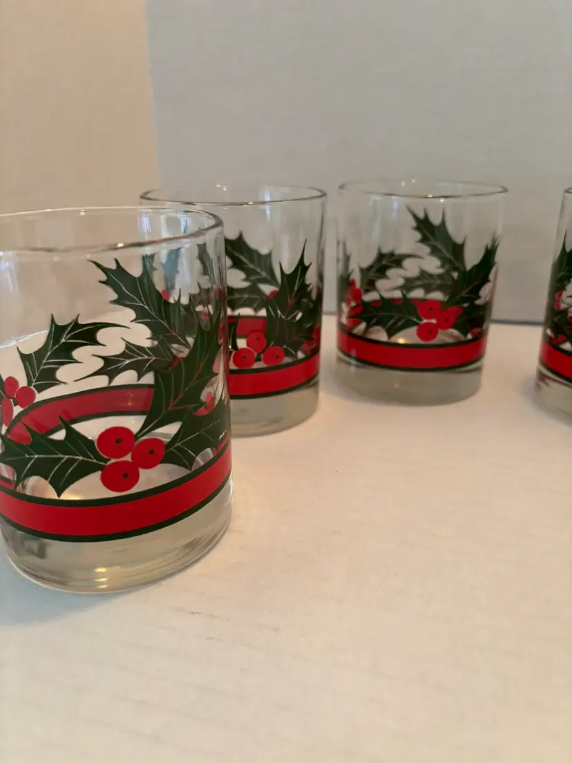Vintage Lot of Libbey Holly and Berries Rocks Tumblers Clear Glass Red/Green