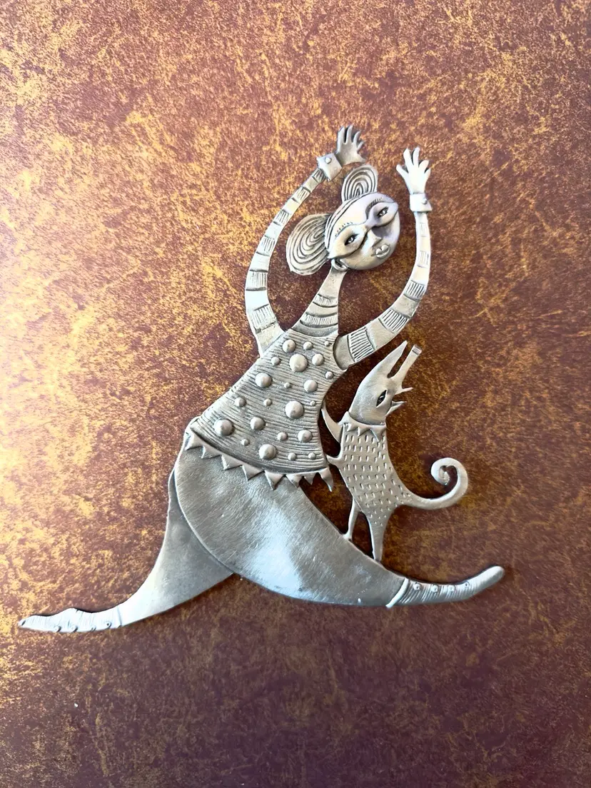 Vintage Whimsical Wall Sculpture signed L Drumm 72 Lyrical Figure With Pet Dancing Leaping Fun Wall Decor Silver Tone Metal