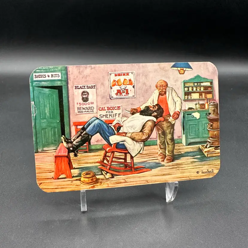 Vintage “Black Bart” Barber Scene Colorcard Postcard, Unused Rounded Corners