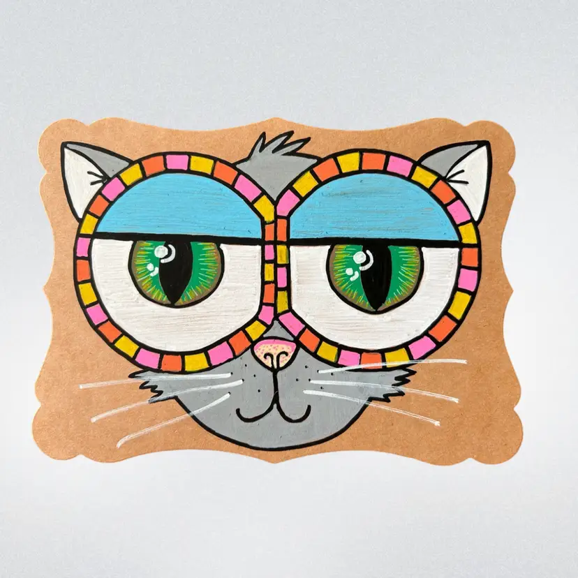 Made By Me, Hand Painted Greeting Card, Glasses Cat
