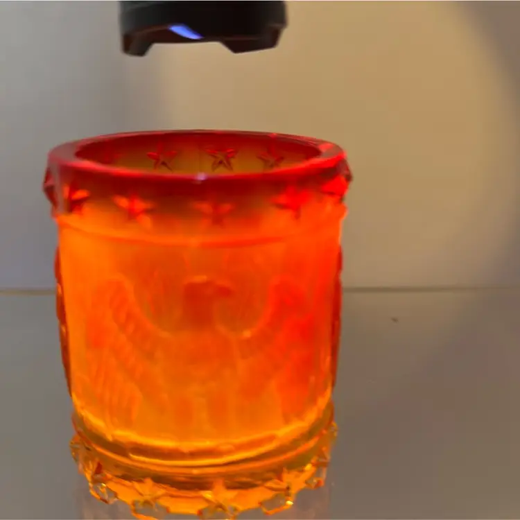 Kanawha Amberina Glass Toothpick Holder-Eagle and Stars GLOWS