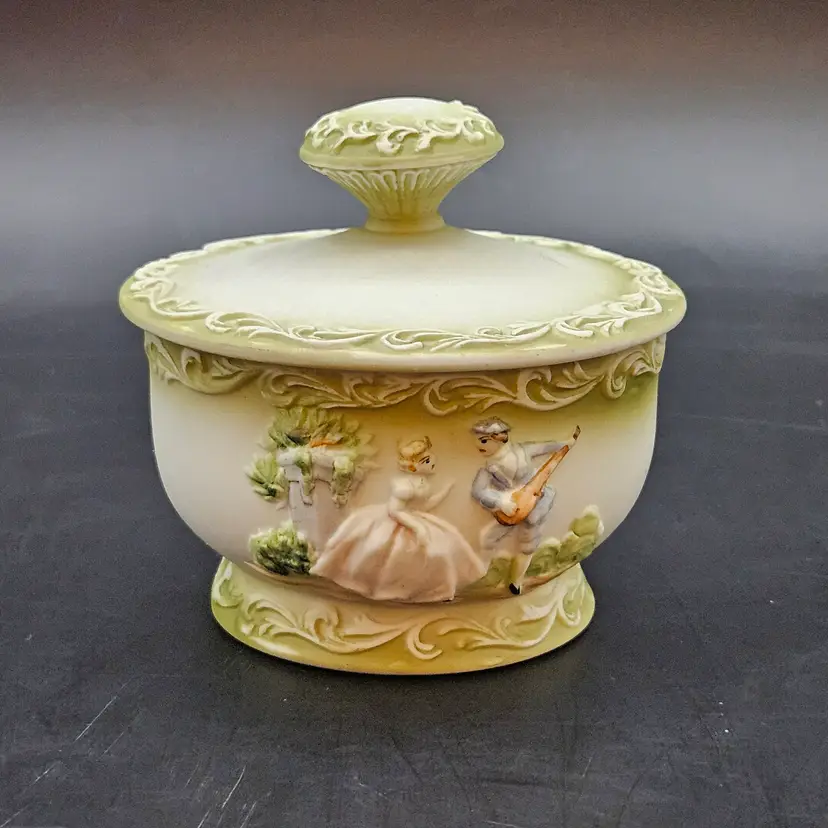 Green Porcelain Bisque Trinket Box Handpainted Victorian Romantic Couple Mandolin