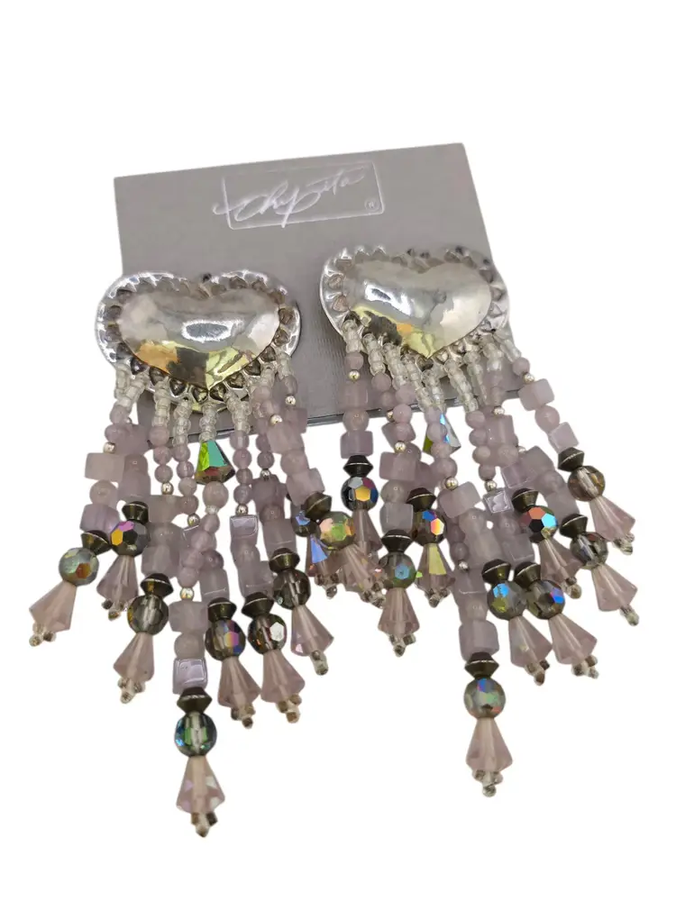 Vintage NOS Chipita Heart Crystal Pierced Earrings On Original Card (A9090)