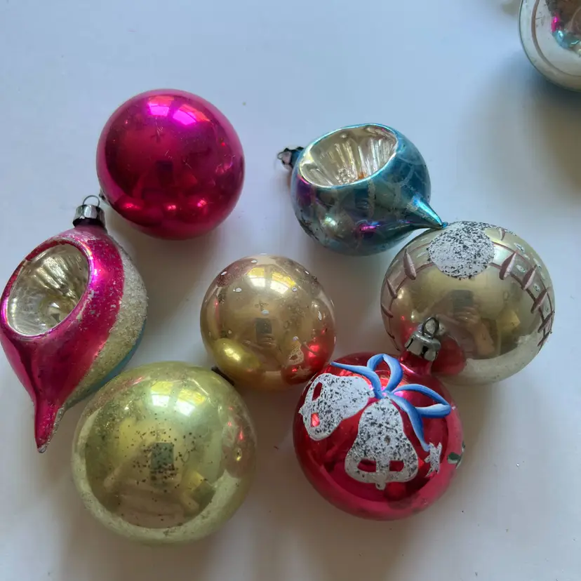 Vintage Mercury Bulb Ornaments. Made in Poland. Hand Painted Designs. Tear Drop and Round Bulbs. 1940s. Bells, Snowman, Indent Glass